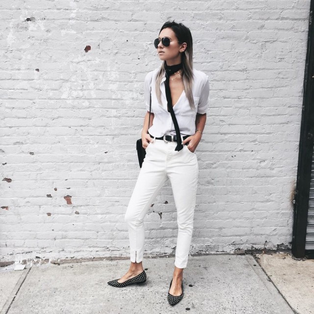 western belt, white jeans, black and white, skinny scarf