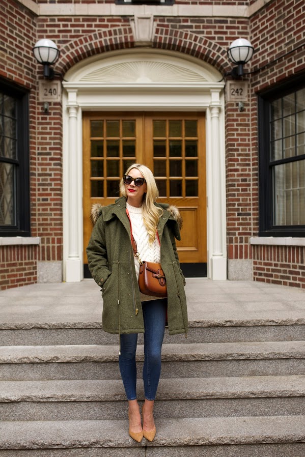 atlantic pacific fisherman sweater fall weekend outfit, army green fur trim parka skinny jeans saddle bag pumps