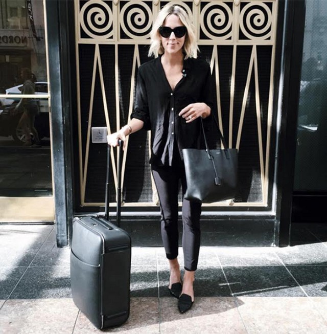 airport jetsetter style travel outfit all black suitcases damsel in dior
