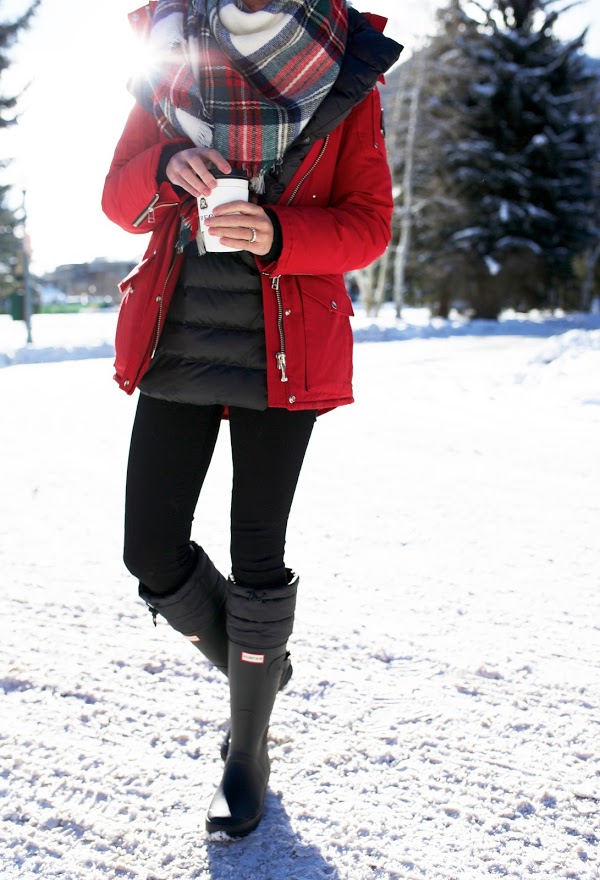 what to wear this weekend, puffer vest, leggings, parka, plaid scarf