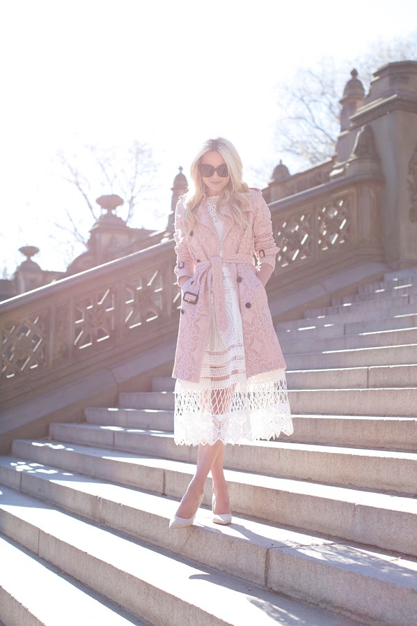 easter-white crochet dress-sheer dress-blush and white-blush trench coat-pastels-party-going out-easter-