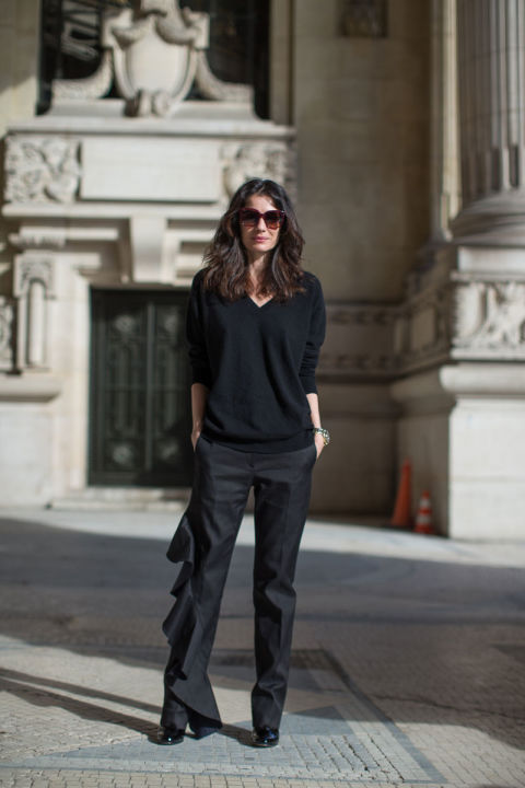 ruffles-ruffled pants-all black-black oversized sweater-work outfit-winter to spring-all black-pfw street style-hbz