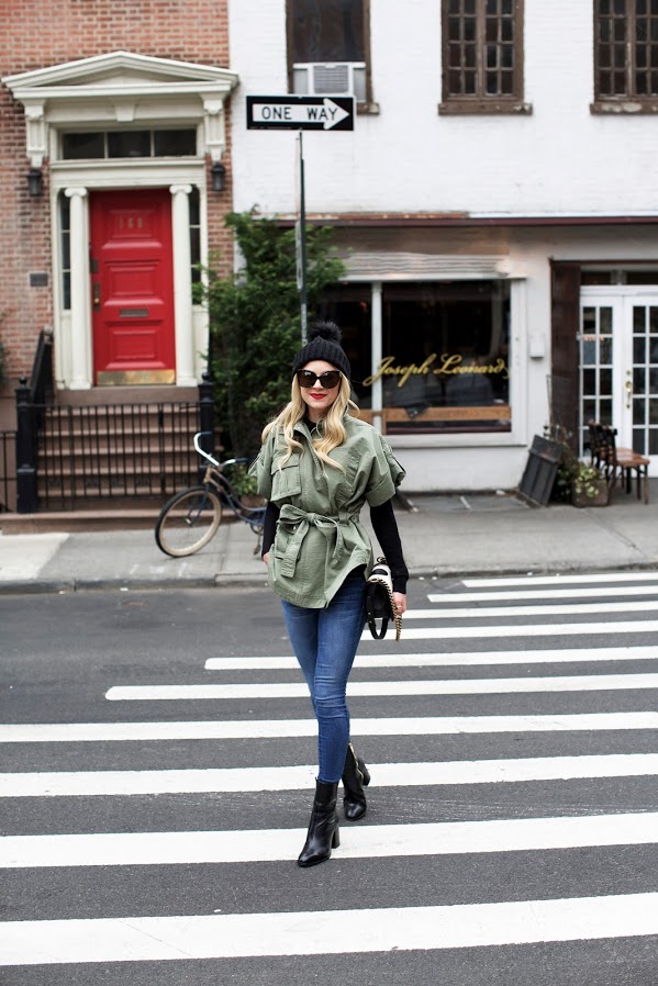 weekend-army jacket-spring outfit-belted-ankle boots-beanie-atlantic-pacific