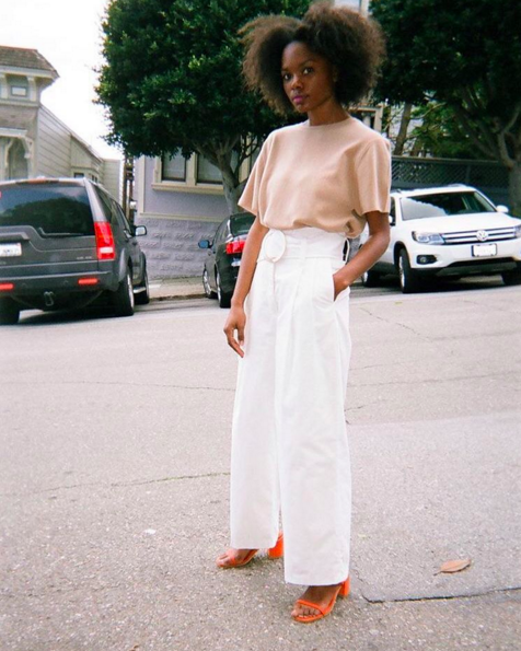 white pants-white and blush-orange sandals-spring summer work outfit-wide leg pants-