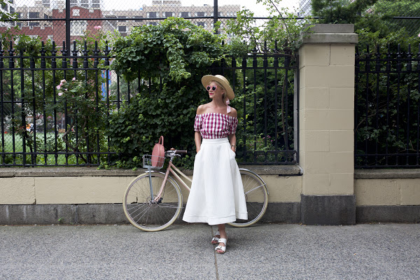 off the shoulder crop top-midi skirt-white midi skirt-white sandals-summer party going out shower brunch-gingham-