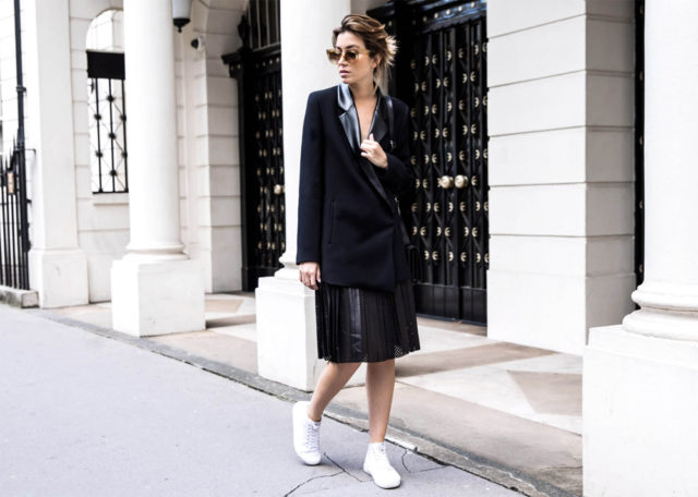 spring work outfit-pleated skirt-perforated leather-leather skirt-athleisure-long tuxedo blazer-oversized blazer-spring work outfit-sneakers and skirts-the chronicles of her