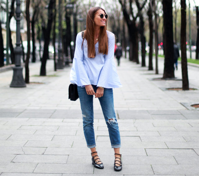 bell sleeves trumpet sleeves-cuffed jeans-ballet flats-buckle flats-via