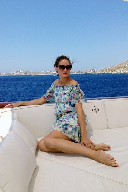 olivia palermo, yacht, sundress, boat, summer vacation, jetsetter style, vacation outfit, boat, sailing, off the shoudler, summer dress