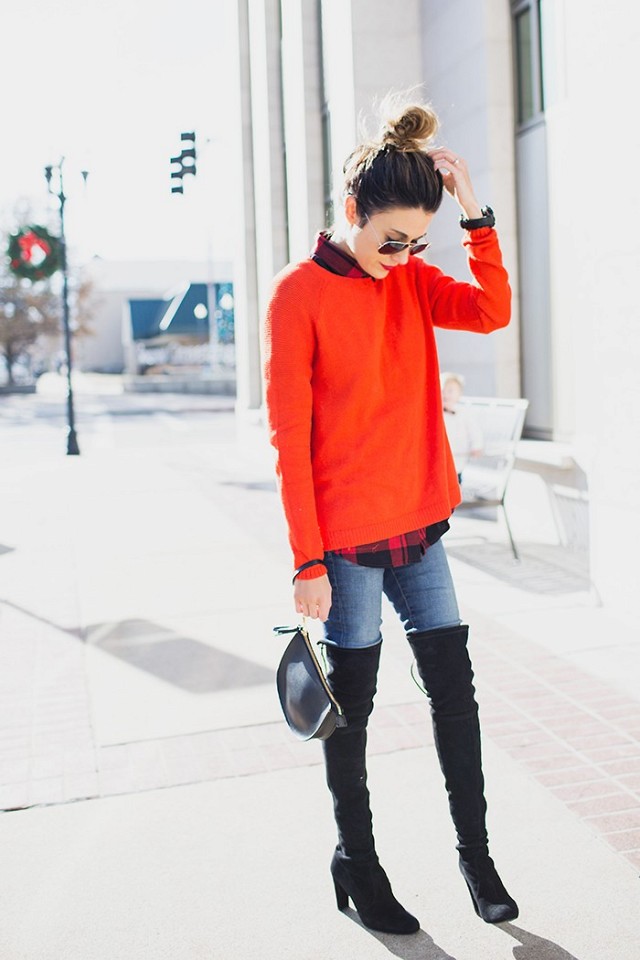 over the knee boots-holiday dressing-christmas-red sweater-plaid shirt-lumberjack plaid-jeans-via-wwww