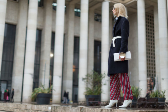 belted coat-printed pants-white booties-pfw street style-hbz