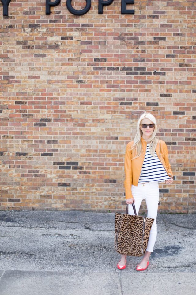 white jeans-stripes-leather jacket-spring weekend outfit-
