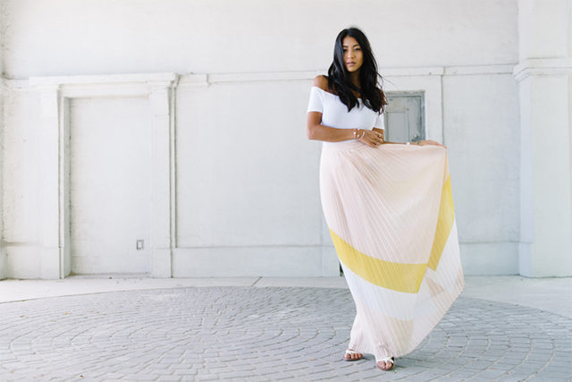 maxi skirt-off the shoulder-pleated maxi skirt-pastels-