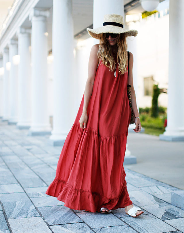 summer maxi dress-white sandals-straw hat-summer weekend party pool-