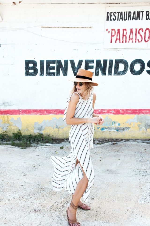 striped sundress-lace up sandals-straw hat-summer dress-summer weekend-beach-