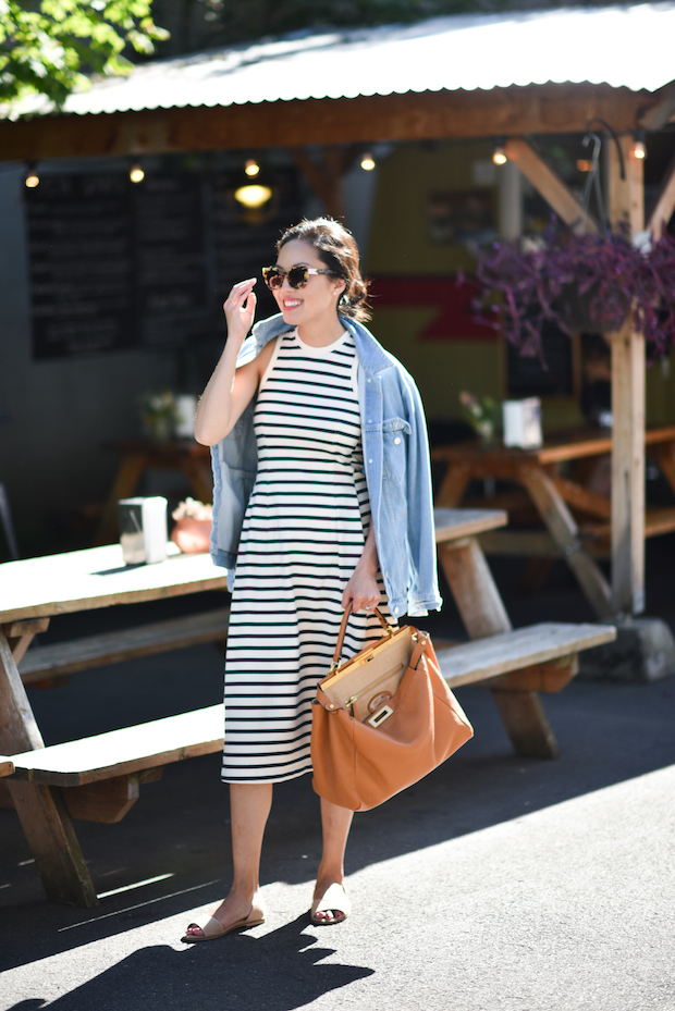 weekend-denim jacket-striped dress-summer dress-sundress-slides-